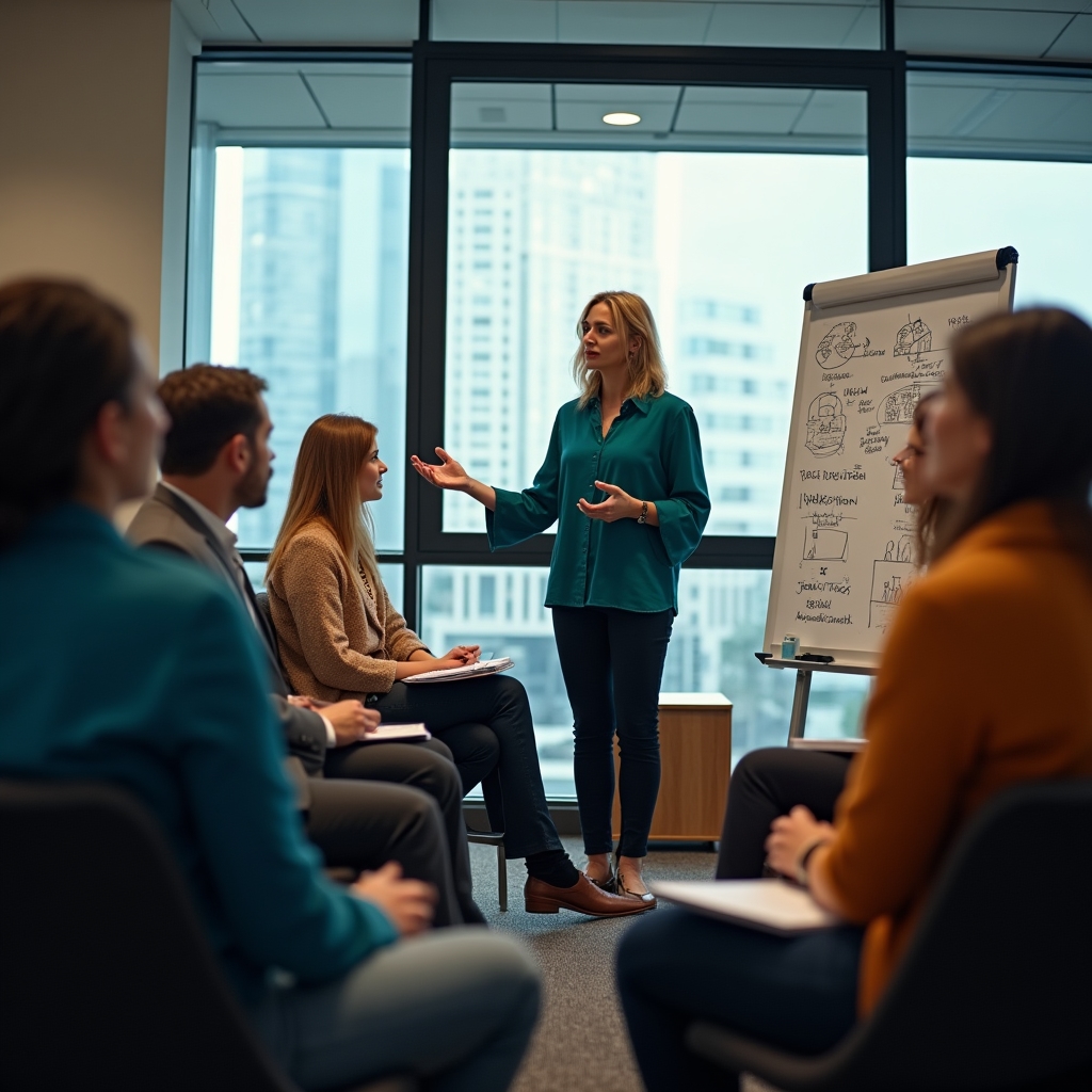 Sesiune de training într-un birou, cu participanți notând pe flipchart